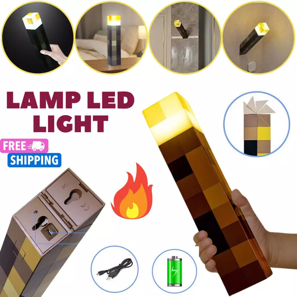 Minecraft LED Torch Lamp – USB Rechargeable Night Light